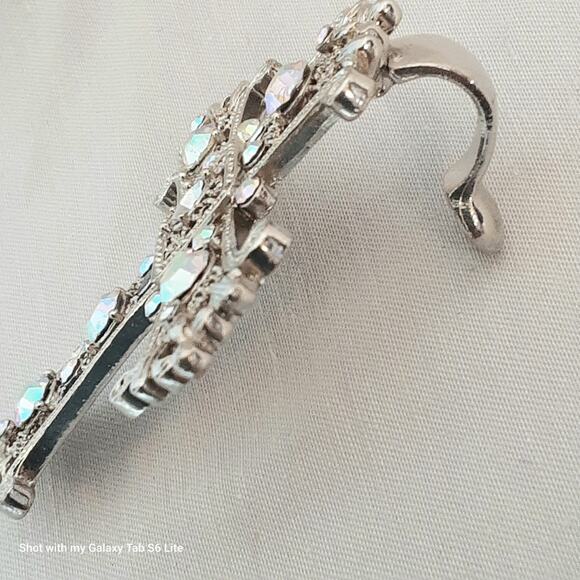 Ornate Silver Tone Cross Pendant Aurora Borealis Rhinestones - Picture 10 of 11